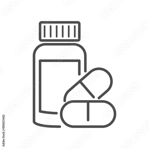 Medical bottle icon with pills and medicine containers. Vector line illustration of pharmaceutical vials, capsules, and vitamin supplements for healthcare design.