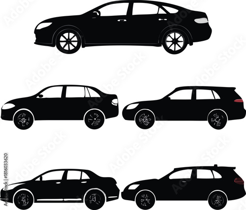 A collection of six black silhouette car designs showcasing different vehicle styles