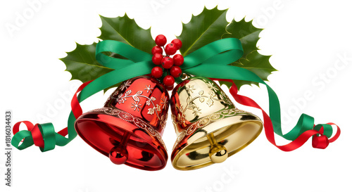 Shiny decorative Christmas bells with red ribbon isolated on a transparent background.