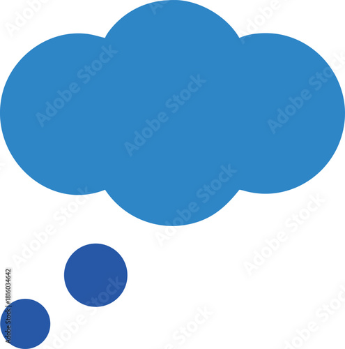A simple solid blue thought bubble icon with trailing dots on white background