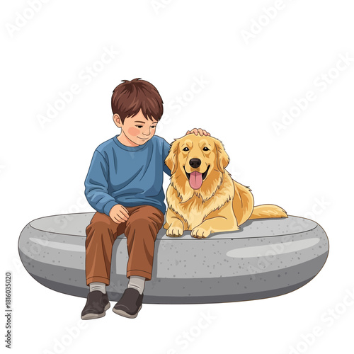 Charming illustration of a boy bonding with his golden retriever companion on a stone bench