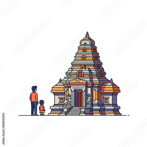 Father and daughter admiring the ornate architecture of an asian temple illustration