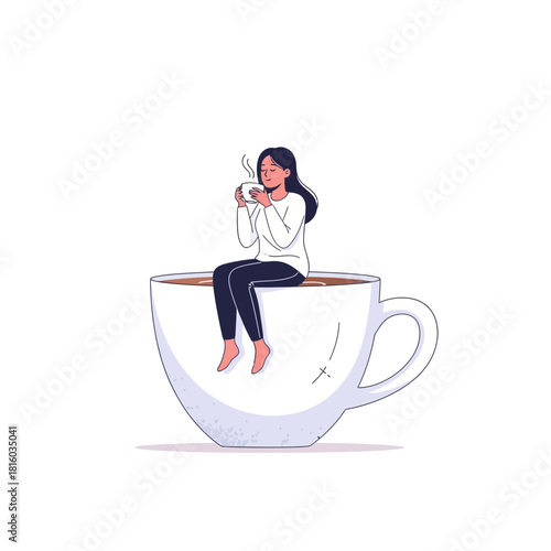 Whimsical coffee break: A serene woman enjoying a giant cup of aromatic coffee