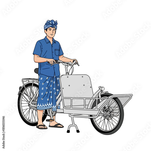 Indonesian man poses with vintage tricycle traditionally adorned in a cultural illustration