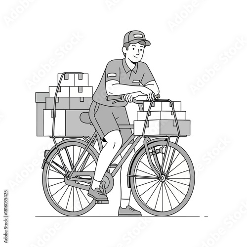 An illustration depicts a delivery worker with a bicycle, carrying many packages in neutral tones