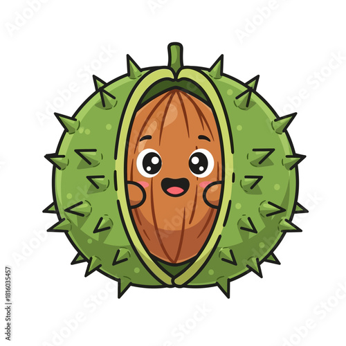 Whimsical chestnut character with a spiky husk showcasing autumns charming mascot