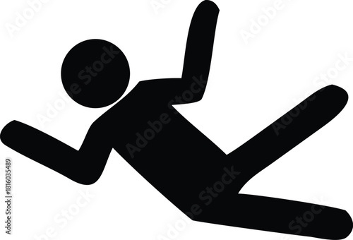 A simple black silhouette of a person depicted in a falling or tripping