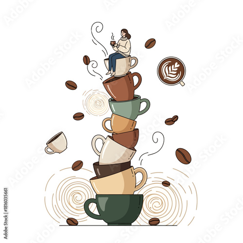 Stacked coffee cups tower with seated woman enjoying a cup in an ethereal atmosphere