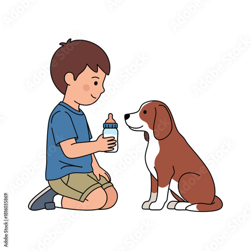 A young boy feeding his pet dog with milk from a bottle in a tender moment
