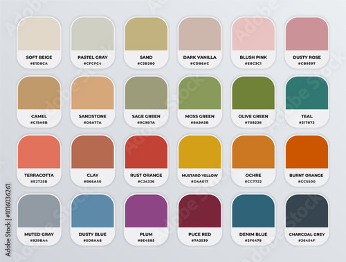 Boho color codes shades guide palette catalog with color names