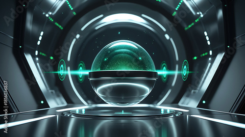 Fototapeta Naklejka Na Ścianę i Meble -  Futuristic sci fi tunnel with glowing green orb