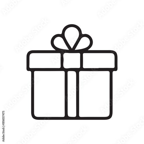 Simple hand-drawn gift box icon with a ribbon bow, part of a celebration bundle collection. Minimalist present outline vector graphic for holidays