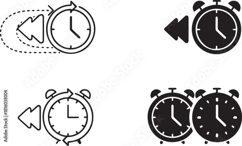 A versatile set of clock and alarm icons representing concepts of time management, scheduling, past events, and repeating reminders
