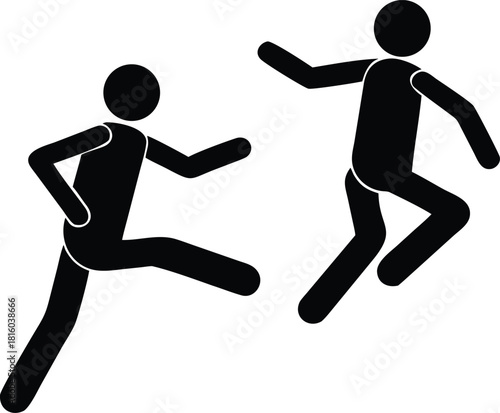 Two simple black silhouettes of people are shown actively running and exercising