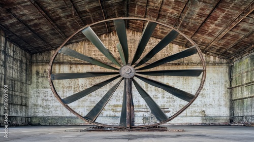 Massive industrial fan with many metal blades positioned for air circulation within a large aged building
