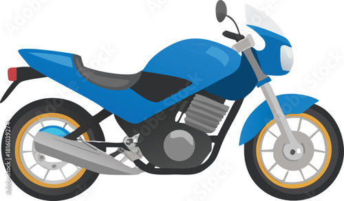A detailed illustration showcases a sleek streamlined blue sports motorcycle from a side