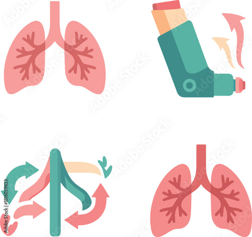 Infographic illustration of lungs and inhaler with arrows on white background explaining respiratory health with Icon.