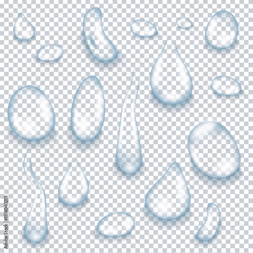 Set of Water Drops with Transparency Realistic Water Rain Droplets Condensation Liquid Aqua Clear Vector Illustration Isolated on Transparent Background