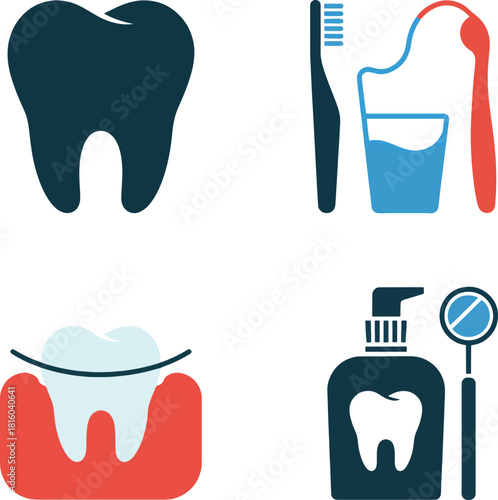 Flat lay icon set of dental care items including a tooth, toothbrushes, toothpaste, and a dental mirror on a clean white background.