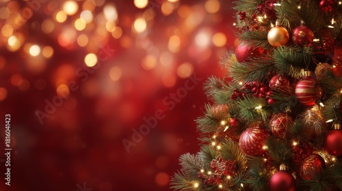 Christmas tree branch decorated with red and gold ornament and lights. Holiday background with bokeh for festive celebration and greeting card.