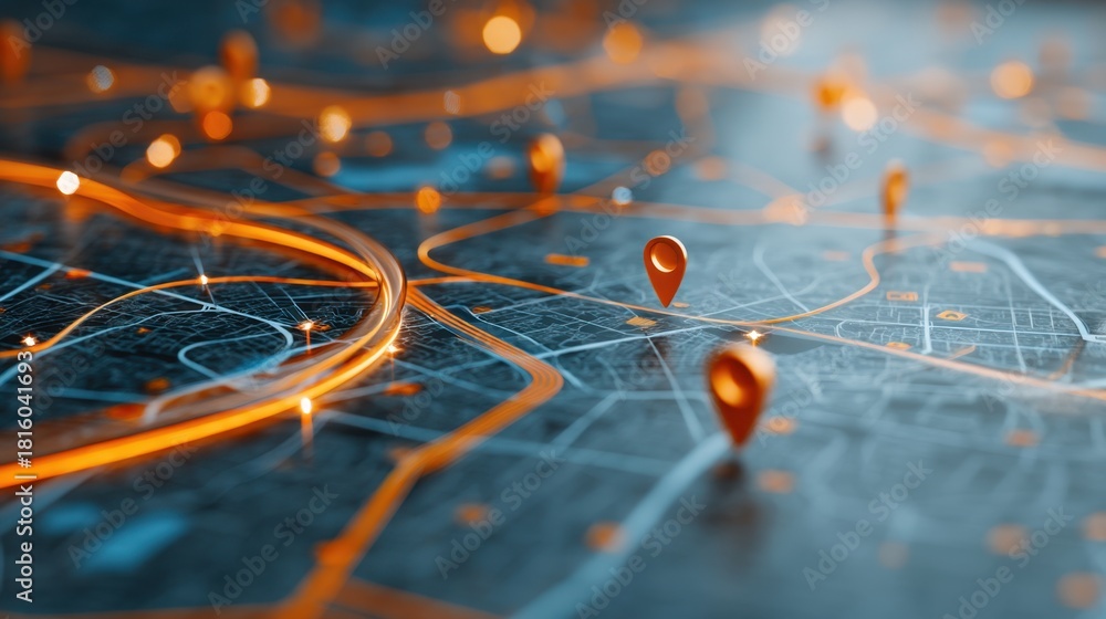 Fototapeta premium Digital map with glowing orange lines and location pins. Global navigation, logistics, and data network concept for modern technology.