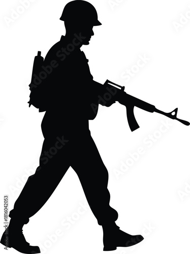 Silhouette of a soldier walking forward holding a rifle against a plain white