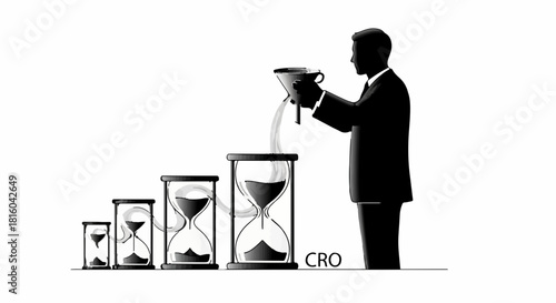 Businessman pouring sand through funnel into hourglasses symbolizing time management and financial growth.