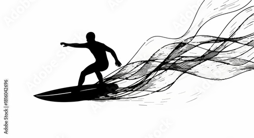 Dynamic silhouette of a surfer riding a wave with abstract, flowing lines representing water and motion.