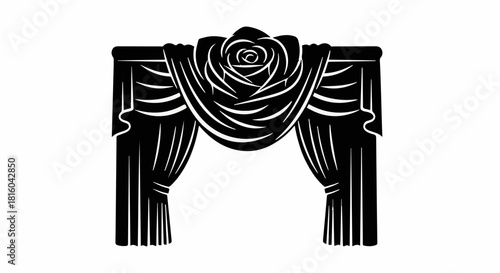 Elegant draped curtains with a central rose motif, symbolizing luxury and romance.