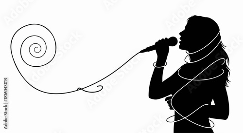 Silhouette of a woman singing into a microphone with a swirling sound wave emanating outwards.