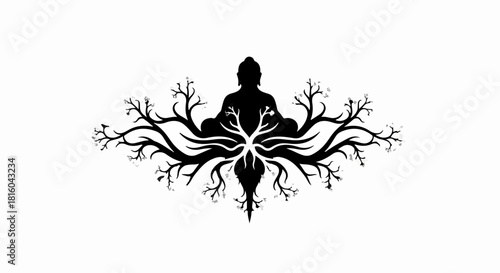 Serene silhouette of a meditating figure embraced by organic tree branches, symbolizing growth and inner peace.