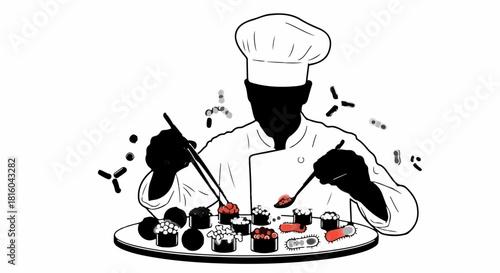 Skilled chef meticulously preparing diverse sushi rolls with chopsticks and spoon, creating culinary art.