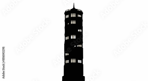 Sleek, modern skyscraper illuminated at night against a stark white background.