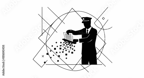 Man in uniform sorting small objects against abstract geometric background