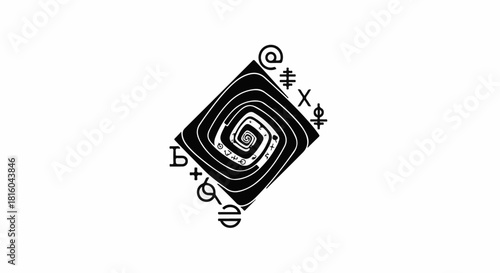 Abstract black spiral pattern with mysterious symbols on white background