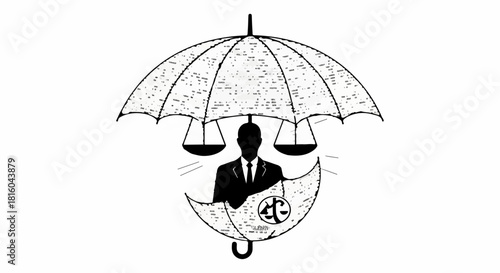 Symbol of justice and protection under an umbrella