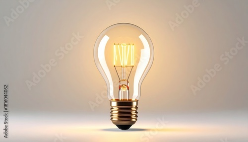 A glowing light bulb illuminates a minimalist background, symbolizing ideas and creativity with its vintage design and warm light.