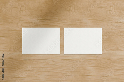 Blank Postcard Mockup Set on Wooden Desk – Two Horizontal Cards for Stationery Design