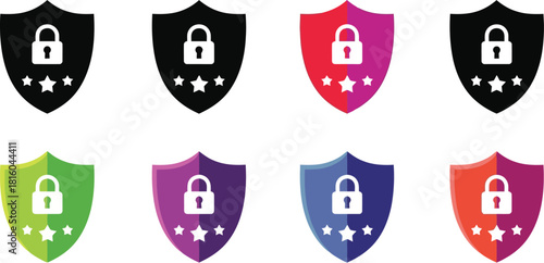 Colorful security shield icons with lock symbols and star details arranged neatly