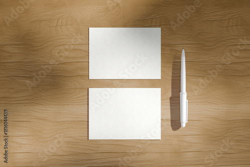 Blank Postcards with White Pen on Wooden Table Mockup