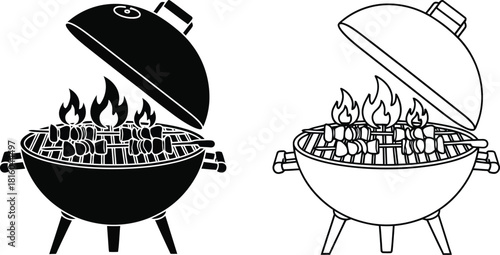 Two charcoal grill illustrations one black and one white with open lids