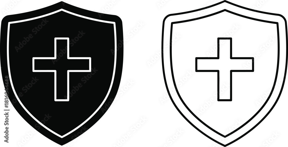 Obraz premium Black and white shield icons with a centered cross symbol design