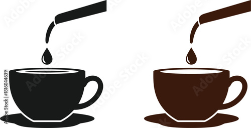 Two stylized coffee cups with pouring liquid one in black and one in brown