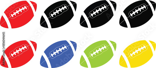 Colorful american footballs arranged in a grid showcasing various shades