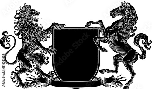 A heraldry crest lion and horse family coat of arms heraldic shield emblem design in an old medieval vintage style 