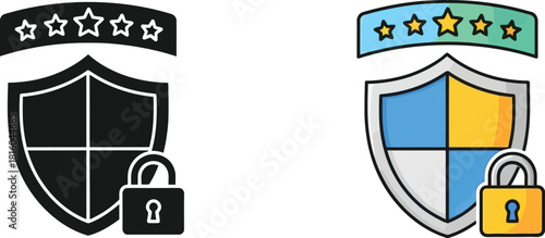Shield icons with star ratings and padlock symbols in black and color