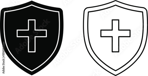 Black and white shield icons with a centered cross symbol design
