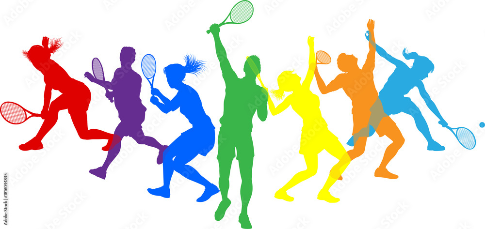 Naklejka premium Silhouette Tennis players set. Active sports people healthy players fitness silhouettes concept.