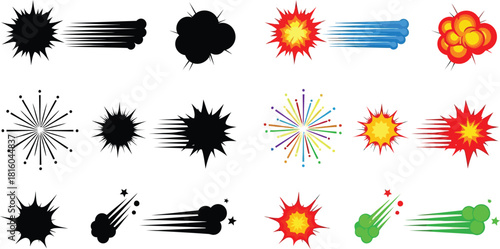 Collection of comic book explosion effects and action bursts in various styles