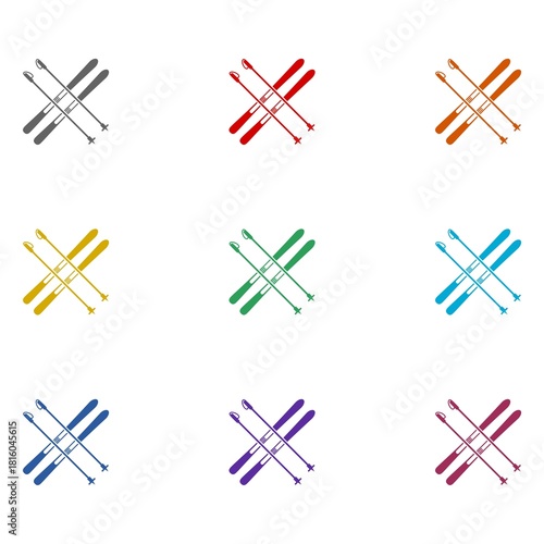 Pair of skis and ski poles icon isolated on white background. Set icons colorful